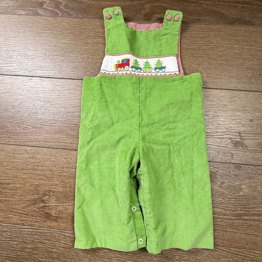 Pleats & Stitches Christmas Train Smocked Longall, Holiday, Green, Lined, Sz 12M
